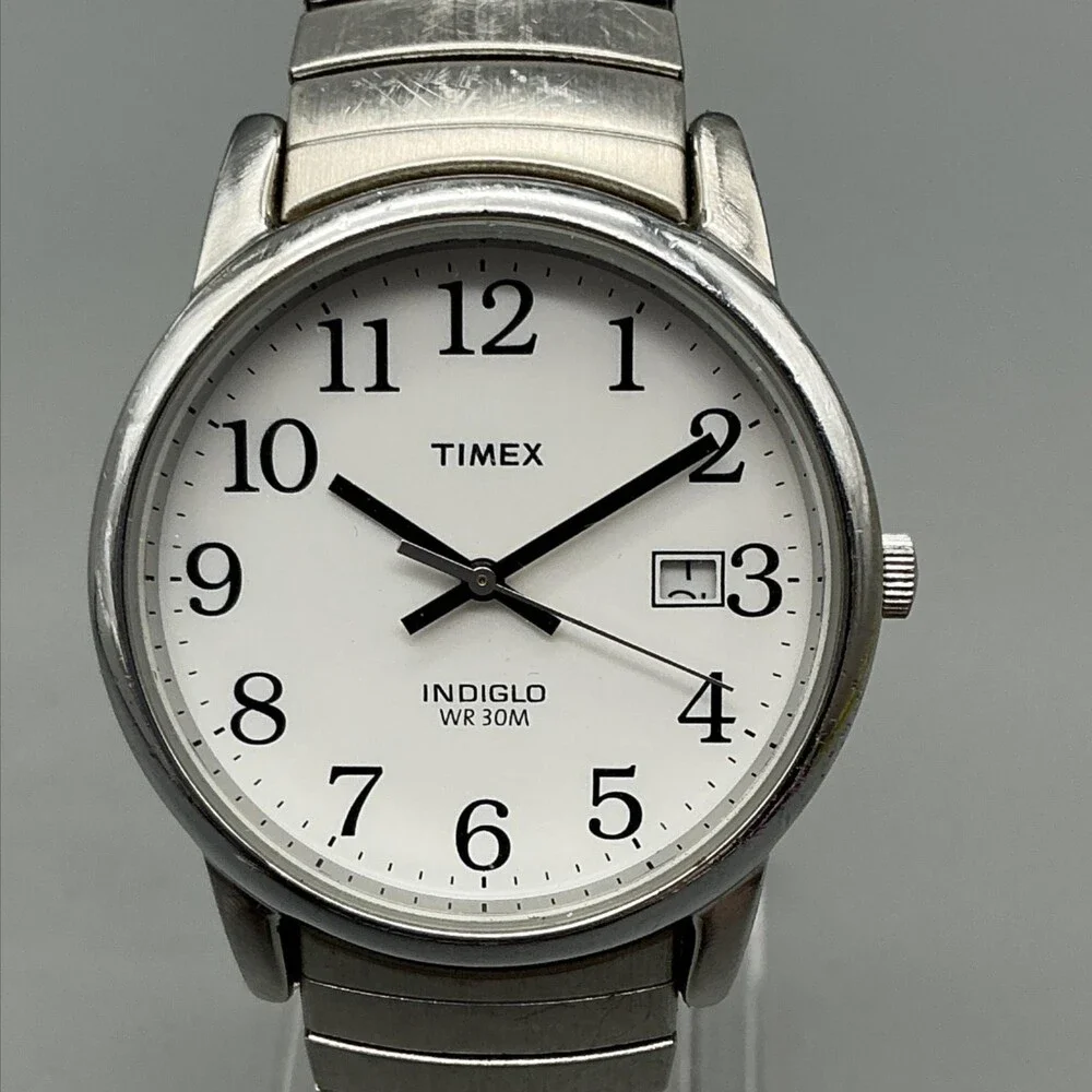 Timex Easy Reader Indiglo WR 30M Mens Watch 35mm Date Stretch Band New Battery